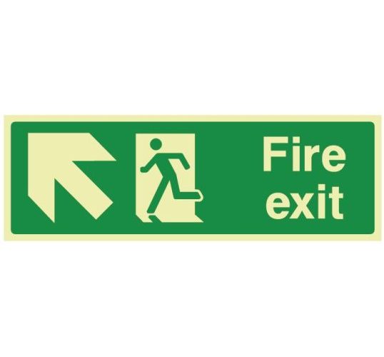 Fire exit sign with upwards left arrow