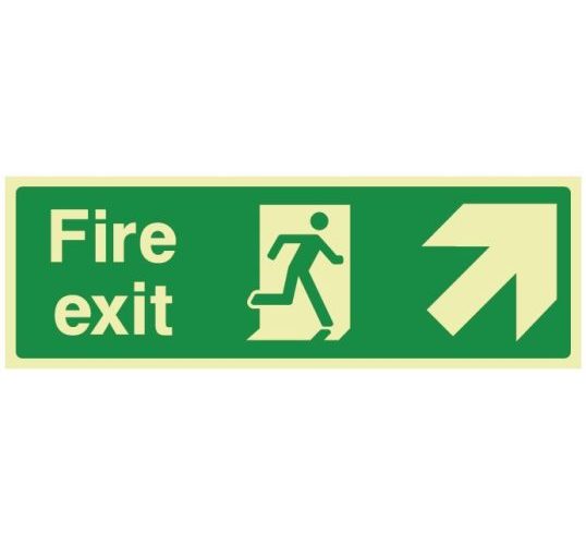 Fire exit sign with upwards right directional arrow