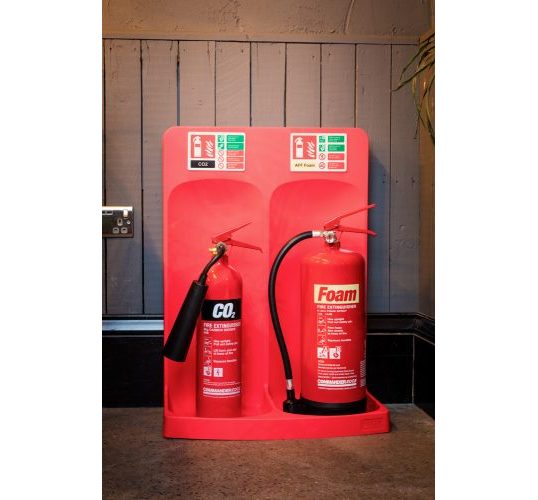 Double fire extinguisher stand in red with CO2 and AFF Foam signs