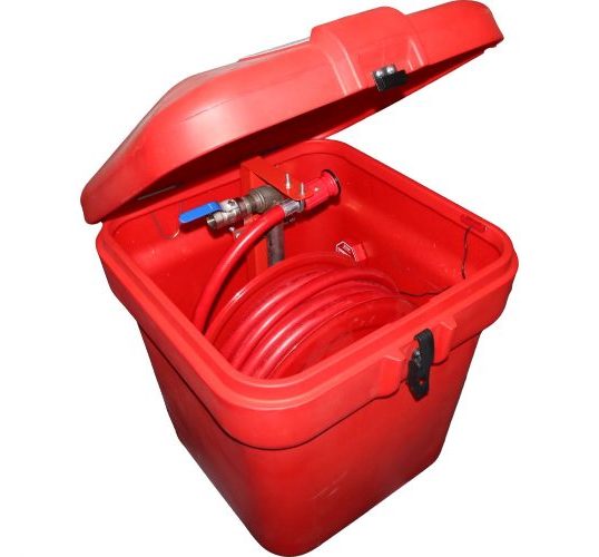 Opened fire hose box with hinge, latch and alarm | Fire Safety Equipment