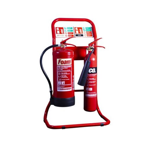 Double tubular stand in red for foam and CO2 fire extinguishers