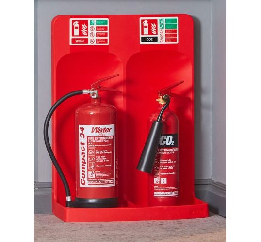 Commander dual fire extinguisher stand for water and CO2 extinguishers