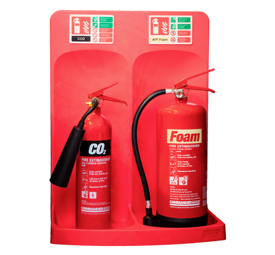 Double Commander fire extinguisher stand for CO2 and AFF foam extinguishers