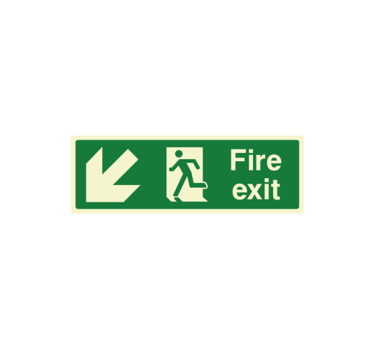 Fire exit sign with arrow pointing downwards left