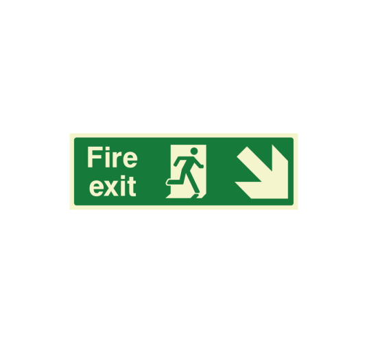Fire exit sign with arrow pointing downwards right