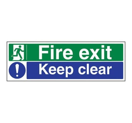 Green and blue fire exit keep clear sign