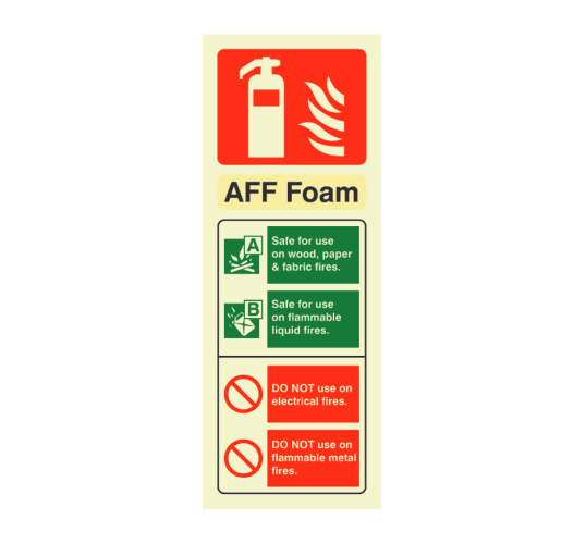 AFFF foam extinguisher sign, safe to use on wood, paper, fabric and flammable liquids