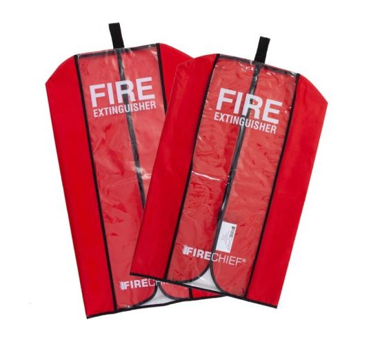 Two medium PVC Firechief fire extinguisher covers