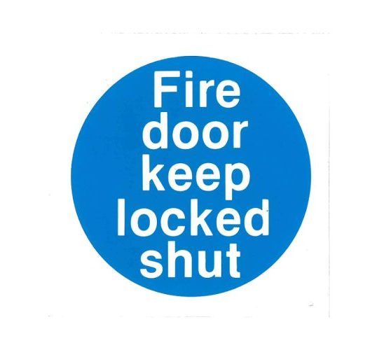 Blue and white fire door keep locked shut sign self adhesive