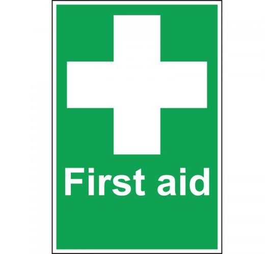 Green first aid sign with white cross